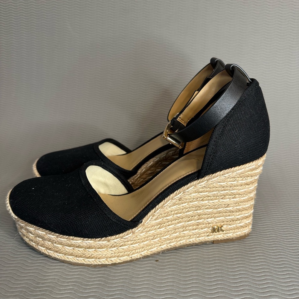 Michael Kors Black and Tan Wedge Sandals with Espadrille Heel